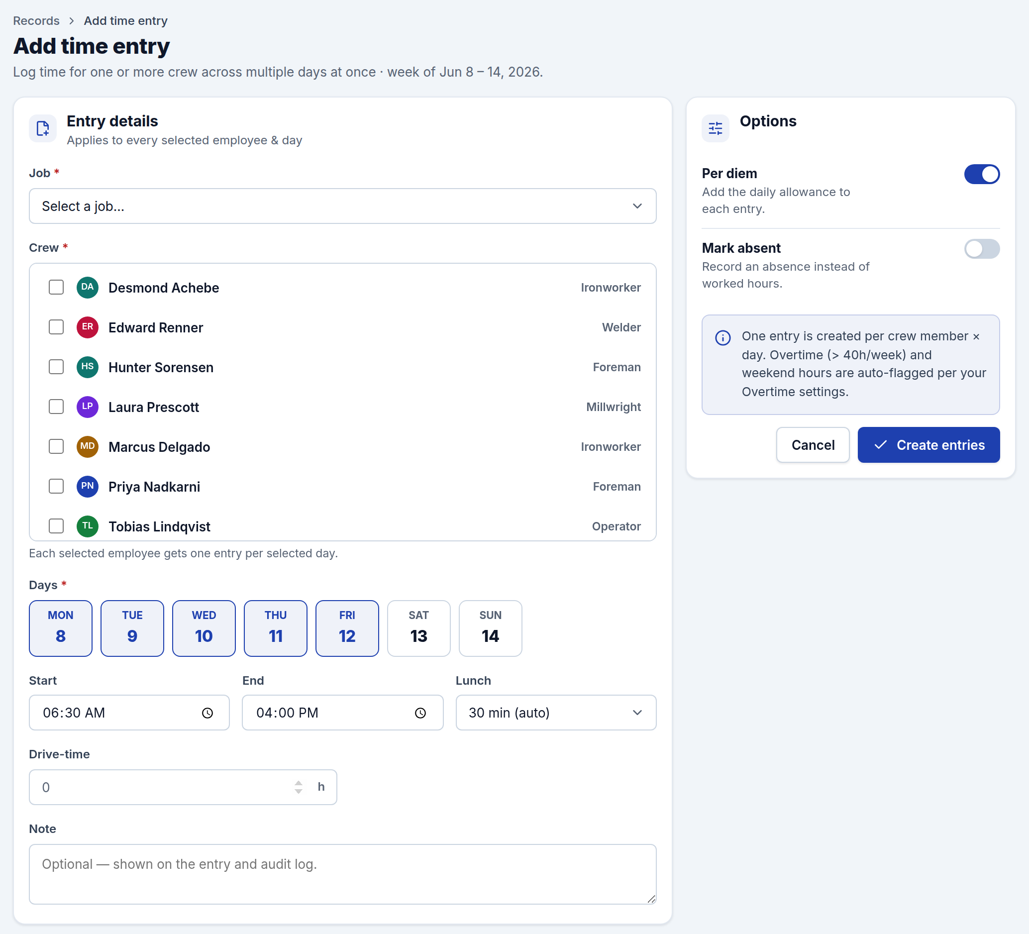 Add Time Entry in CrewTimeTrack
