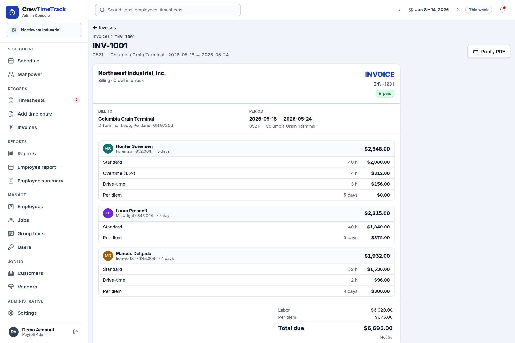 A recorded invoice with frozen lines and status actions