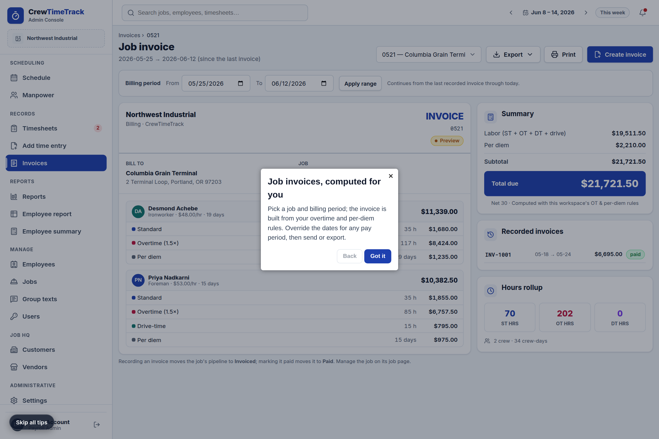 Invoices in CrewTimeTrack