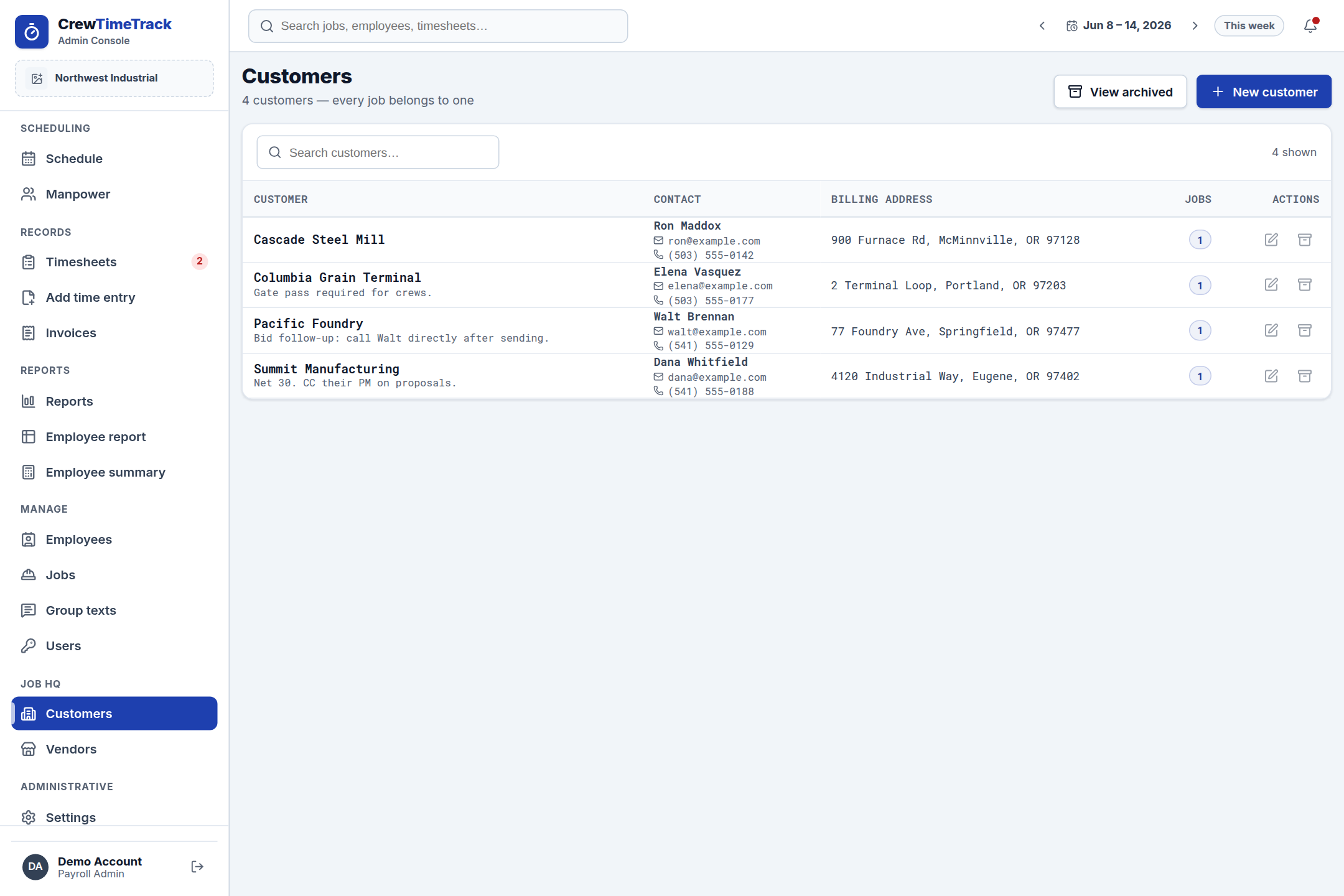 Customers — the billing party behind each job