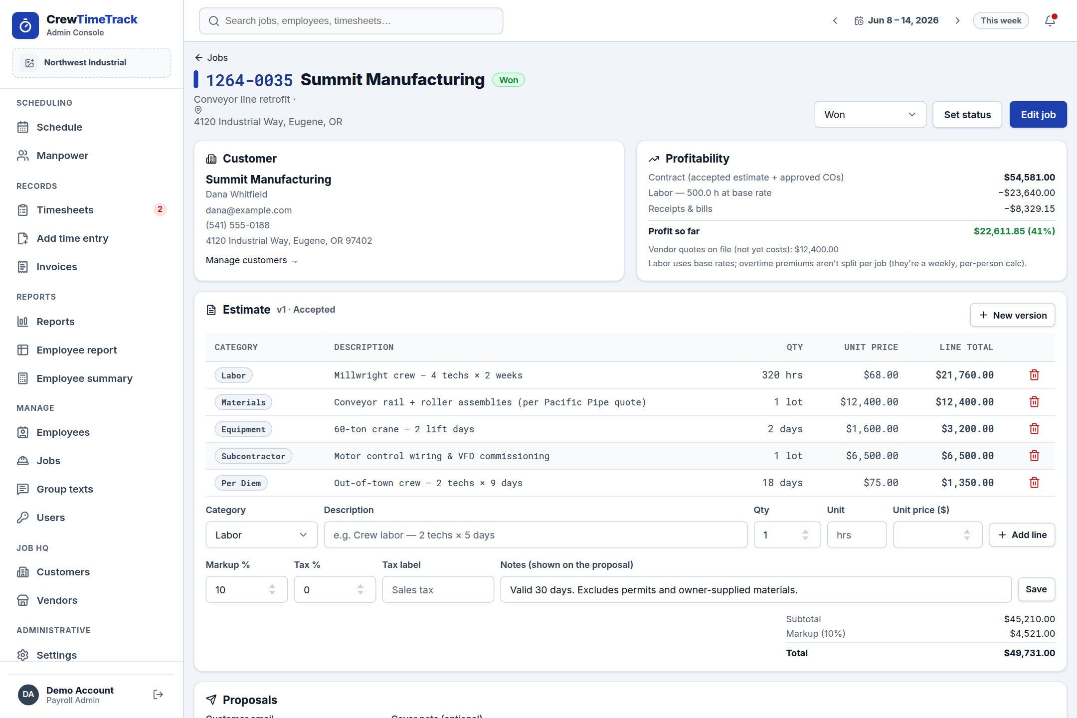 A job's home page in Job HQ — customer, profitability, and the line-item estimate