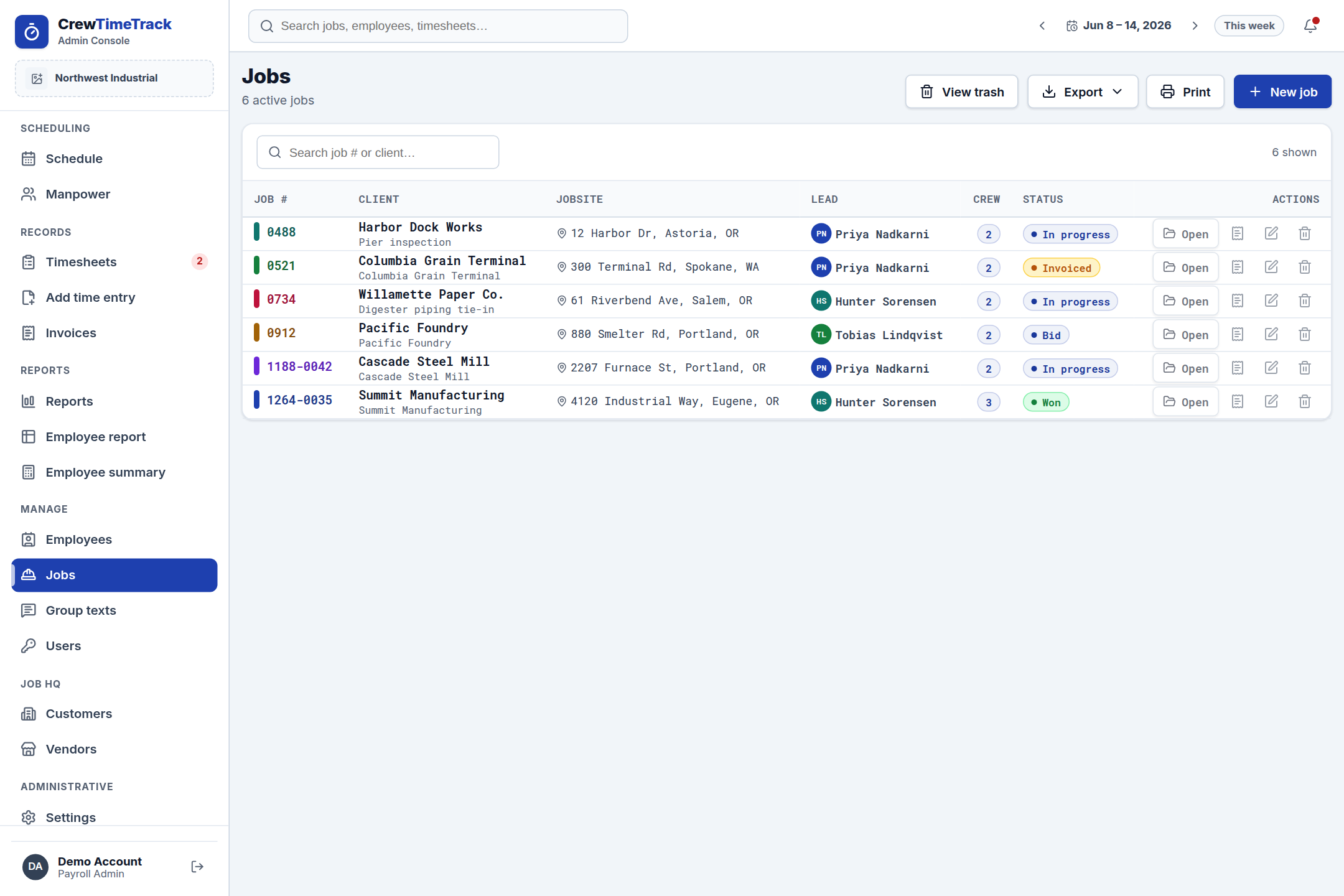 The Jobs list with the pipeline status and Open buttons