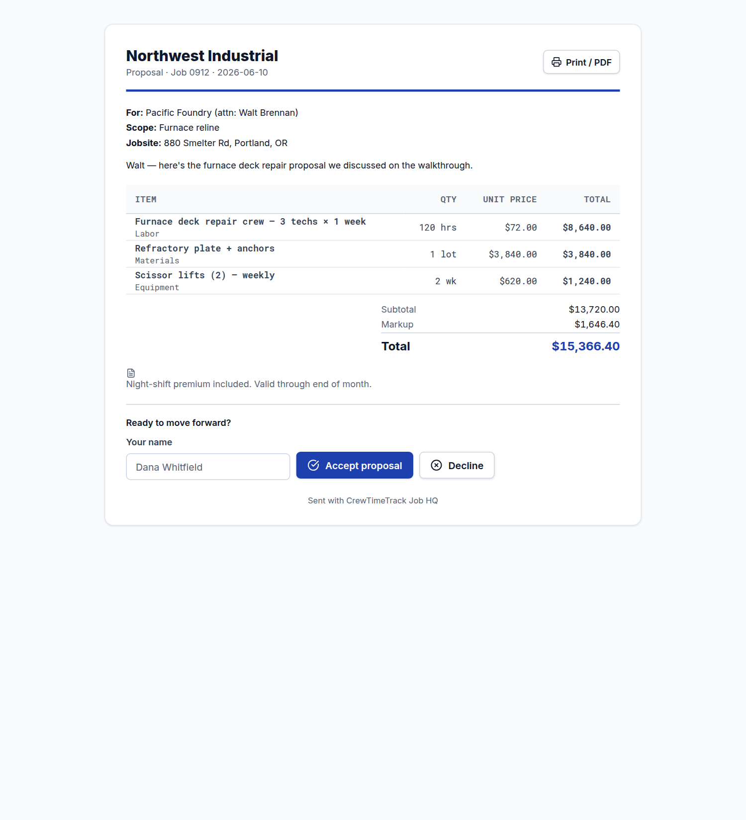 What your customer sees — a branded proposal with one-click accept