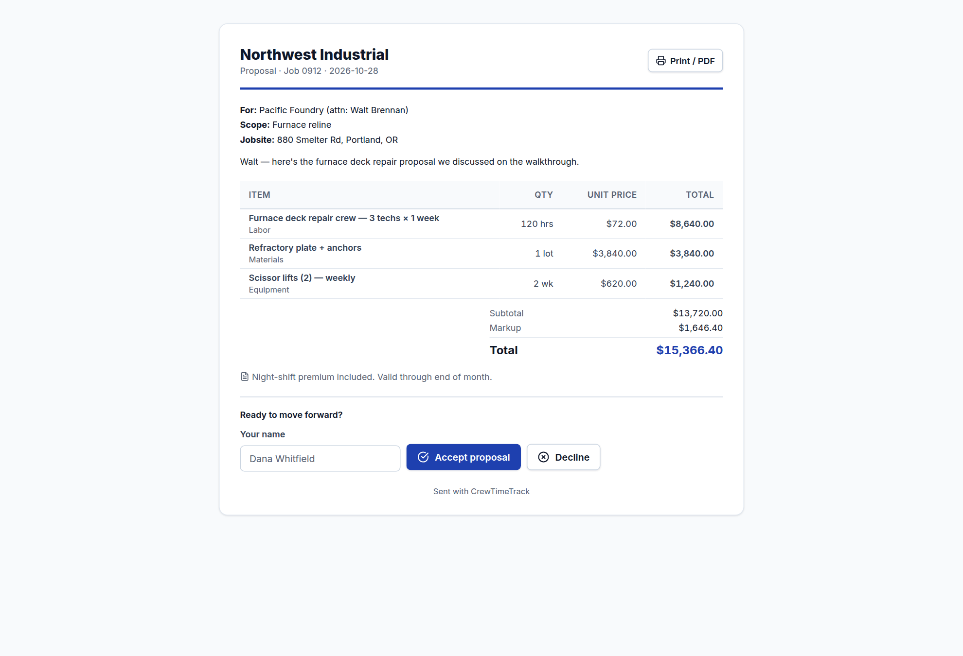 What your customer sees — a branded proposal with one-click accept