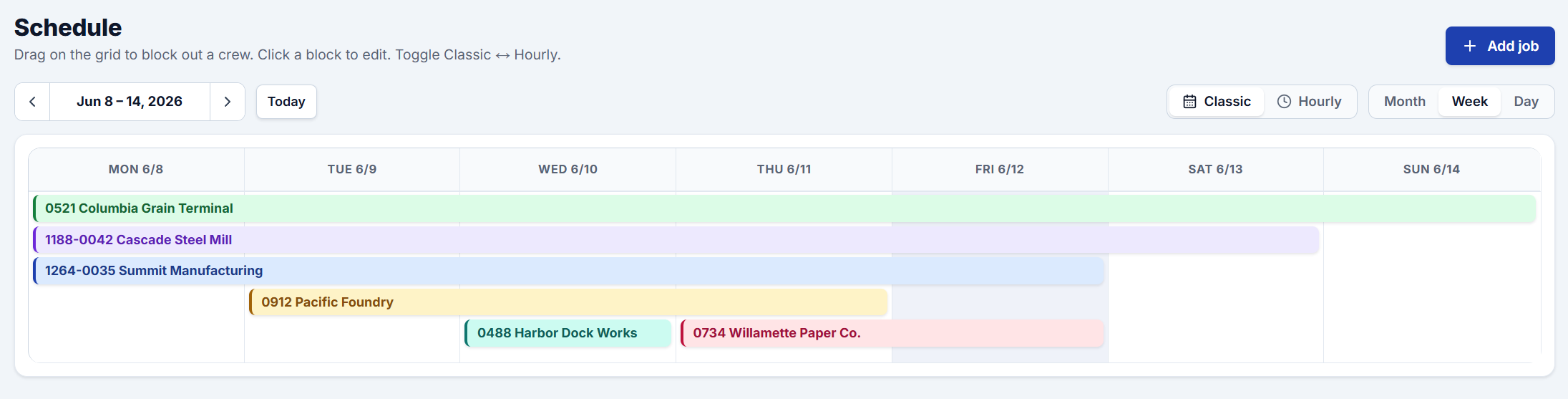 The Schedule in CrewTimeTrack — a week of color-coded job bars in the Classic view