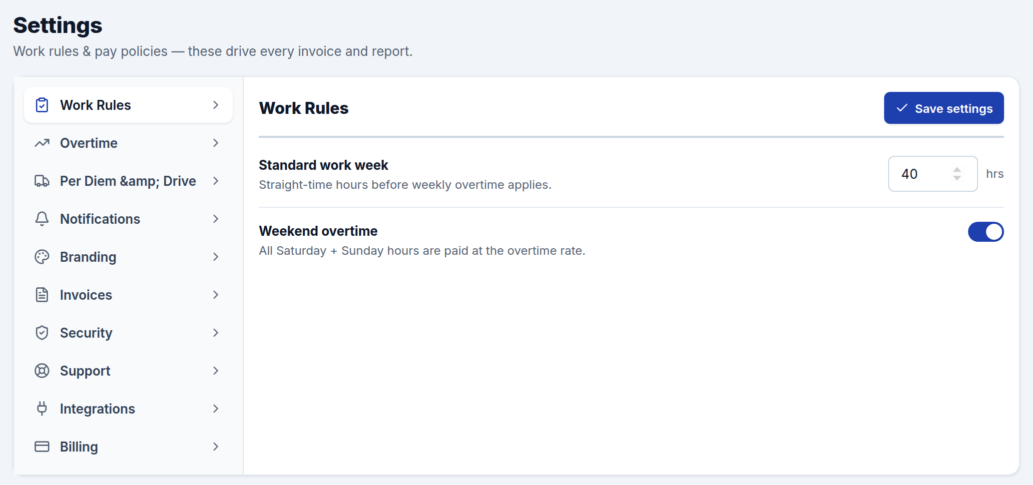 Settings in CrewTimeTrack