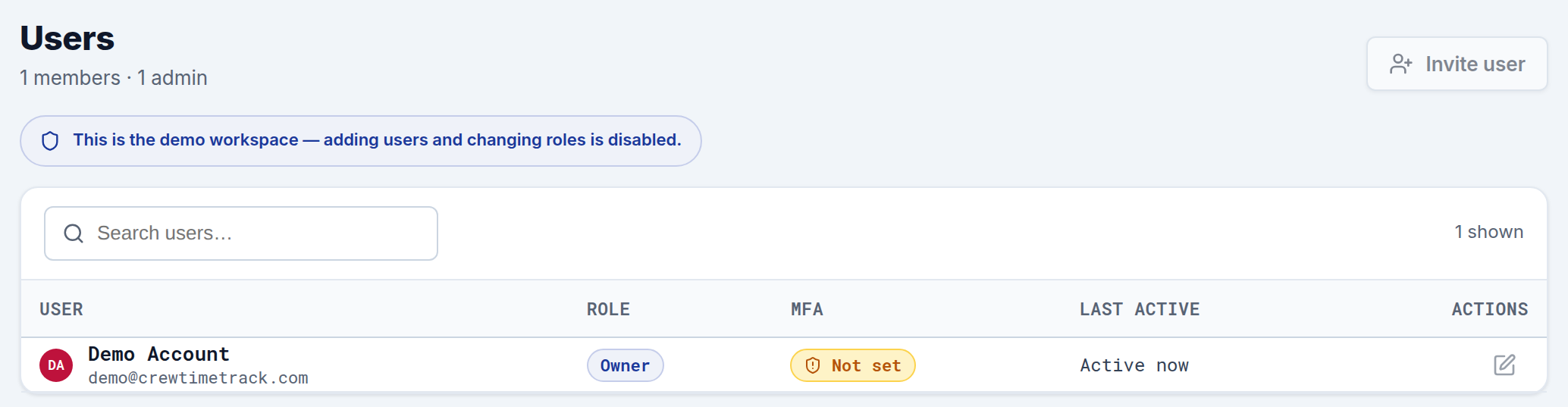 Users And Roles in CrewTimeTrack